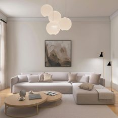 Elegant minimalist living room with neutral colors and modern decor.